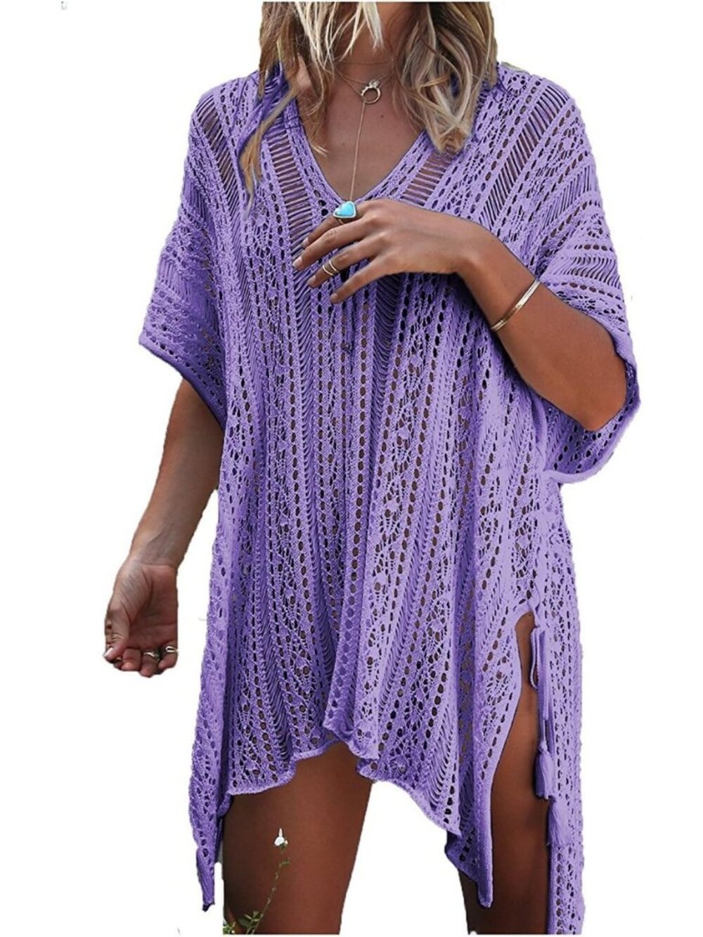 Women's Lavender Polyester Crochet Cover up Swimsuit Breathable Beach Swimwear